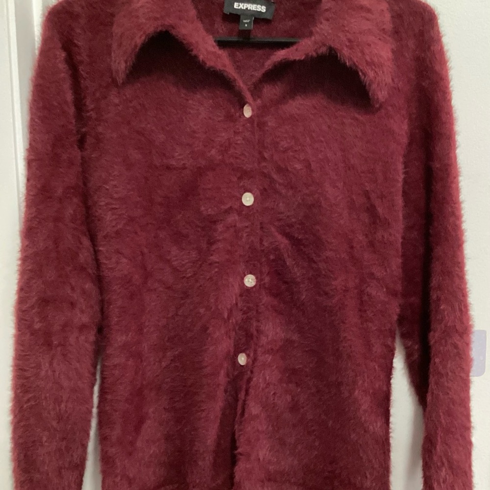 Express Red Fuzzy Cardigan Sweater